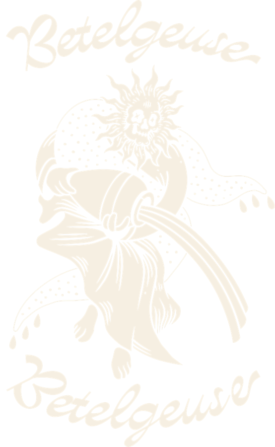 Sun-faced reaper pouring from a jug between two Betelgeuse script logos